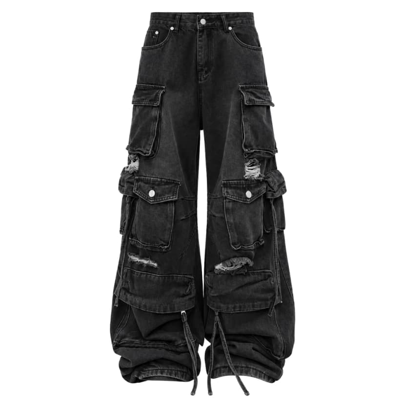Quần Cargo Jeans ống rộng HIRO phối Rách phong cách Y2K màu XÁM ĐEN/TRẮNG 🖤 Quần bò ống rộng túi hộp form nam nữ unisex